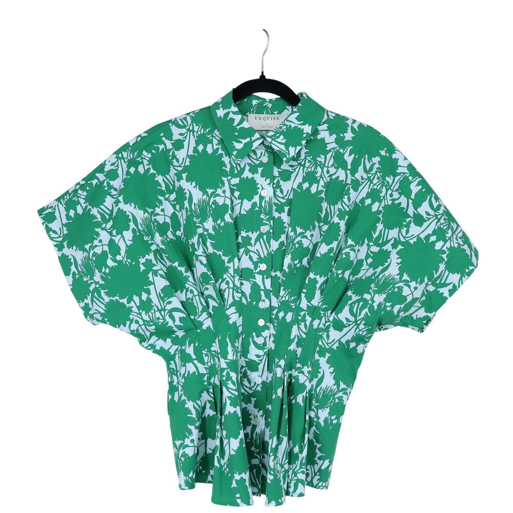 EXQUISE Green Tobie Blouse Short Sleeve Pleated Button Front Women's S